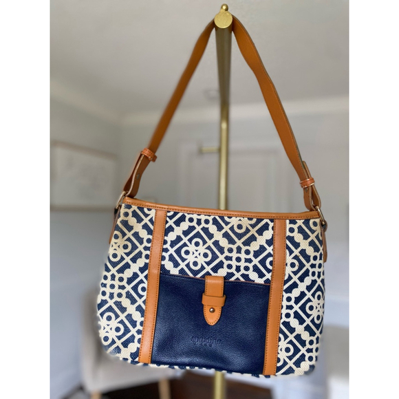 Spartina 449 Linen Leather Bag Daufuskie Island Geo Canvas Coastal Resort Prep - Picture 2 of 10